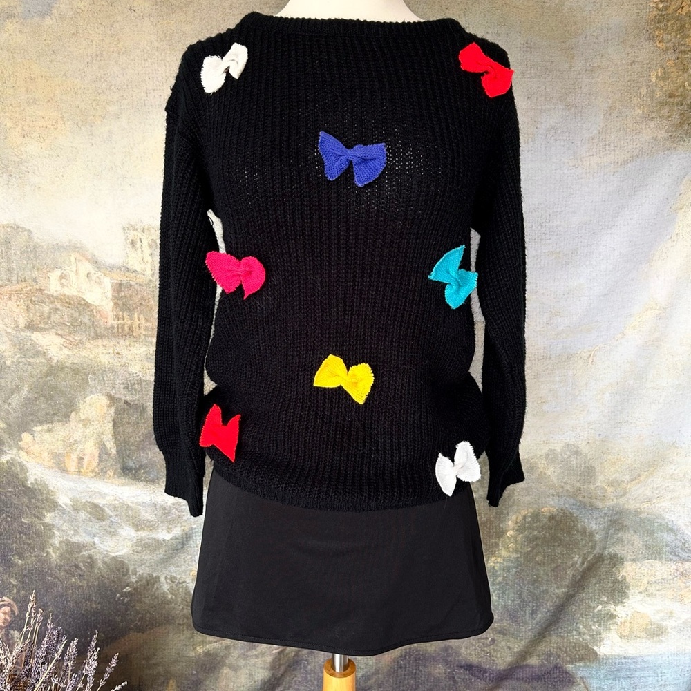 Vintage Black Sweater Bow Details Novelty J.J Poole Colorful Kidcore Acrylic